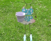 Beach Girl Plant Stand Metal Outdoor Planter Swimsuit Yellow curls