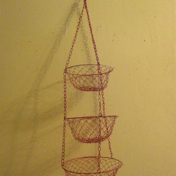 Wire Mesh Baskets 3 Tiered Hanging Vintage Red color