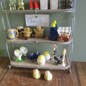 May include: A three-tiered metal shelf displays a collection of novelty salt and pepper shakers. The shakers are in various shapes, including chairs, stoves, watermelons, and cowboy hats. The word "Choice" is written on a white paper.