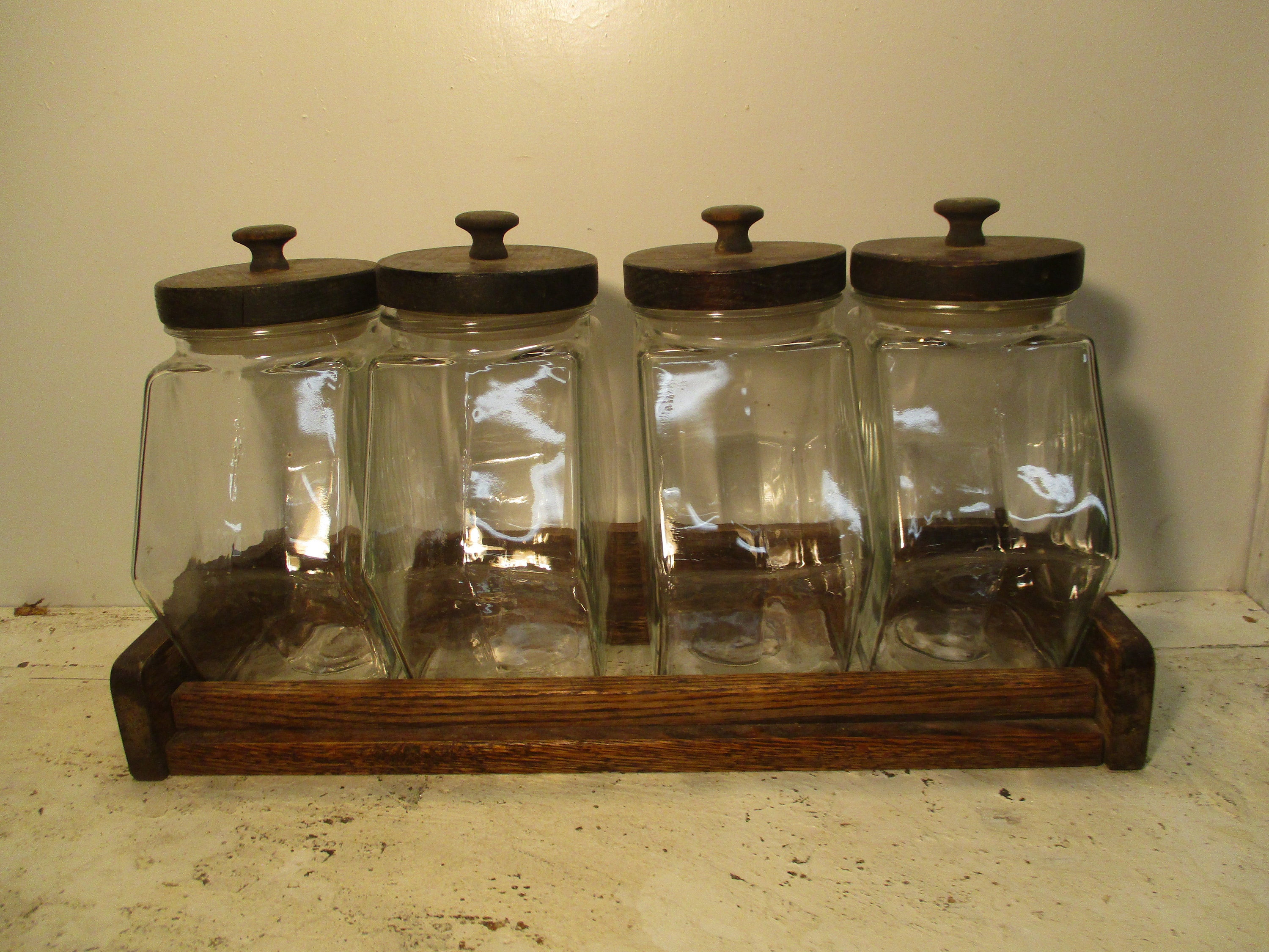 Vintage Glass Tilt Jars Wood Lids Counter Display Canister Set of 3 Blown  Glass