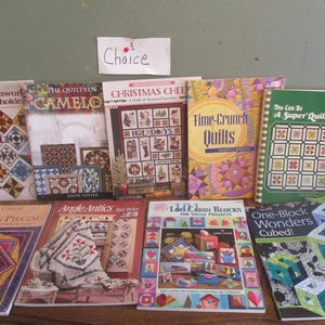 May include: A collection of ten quilting books with colorful covers featuring various quilting patterns and designs. The titles include "101 Patchwork Potholders", "The Quilts of Camelo", "Christmas Cheer", "Time-Crunch Quilts", "You Can Be A Super Quilter!" , "Mastering Precision Piecing", "Angle Antics", "Log Cabin Blocks for Small Projects", "One-Block Wonders Cubed!" and "Holidays".