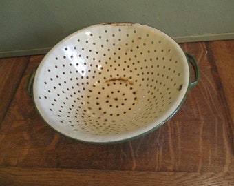 Colander Green Off white Enamel Strainer  Vintage Farmhouse