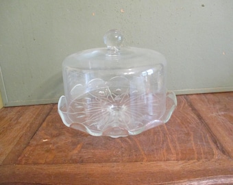 Clear Pedestal Cake Plate with Etched Dome Cover Vintage