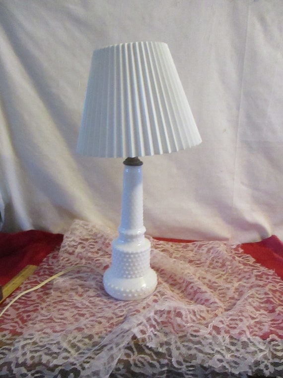 Milk Glass Table Lamp W Plastic Pleated Shade Vintage Cottage Chic