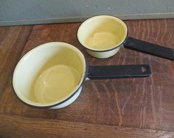 Enamelware Saucepans yellow with Black handle and rim Set of 2