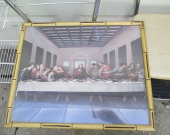 Last Supper Large Picture  bamboo frame 21 1/2 x 17 1/2 Vintage