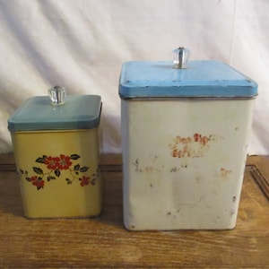 Tin Canisters Glass Knobs Antique Blue set of 2 Pastel teal  Green Flower