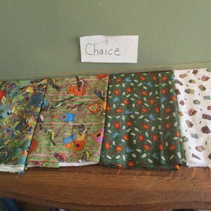 May include: Four different fabric swatches with bird and birdhouse patterns. The swatches are labeled "Choice".