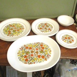 May include: A collection of vintage white ceramic plates and bowls with a floral design. The plates have a brown rim and a central pattern of orange, yellow, and green flowers. Includes a large oval platter, several dinner plates, and small bowls.