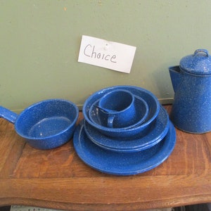 May include: A blue speckled enamelware camping cookware set. The set includes a saucepan, plates, bowls, a cup, and a coffee pot. The word "Choice" is written on a small white paper. The cookware is arranged on a wooden surface.