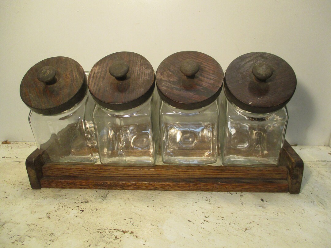 Glass Jar Canister Set Slant Container Apothecary Display Wood Etsy