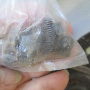 May include: A clear plastic bag containing several dark-colored screws and fasteners. The screws have threaded shafts and are of varying sizes. The bag is held in a person's hand, with the contents visible through the transparent material.