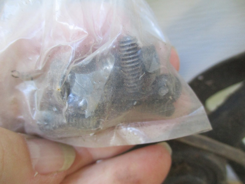 May include: A clear plastic bag containing several dark-colored screws and fasteners. The screws have threaded shafts and are of varying sizes. The bag is held in a person's hand, with the contents visible through the transparent material.