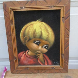 Boy Painting Velvet Vintage Framed Wall Hanging Original Art