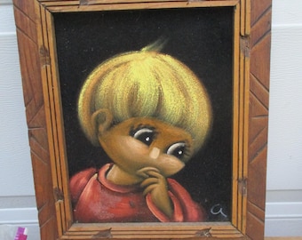 Boy Painting Velvet Vintage Framed Wall Hanging Original Art
