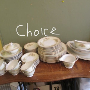 May include: A collection of vintage china with floral patterns and gold trim. The set includes plates, saucers, cups, a gravy boat, and a covered serving dish. The word "Choice" is written on the background.