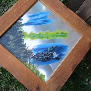 Loon on Wood Mirror Square  Vintage wall hanging