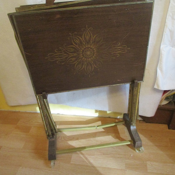 TV Trays in Stand Vintage folding Mid Century Modern Hard Board