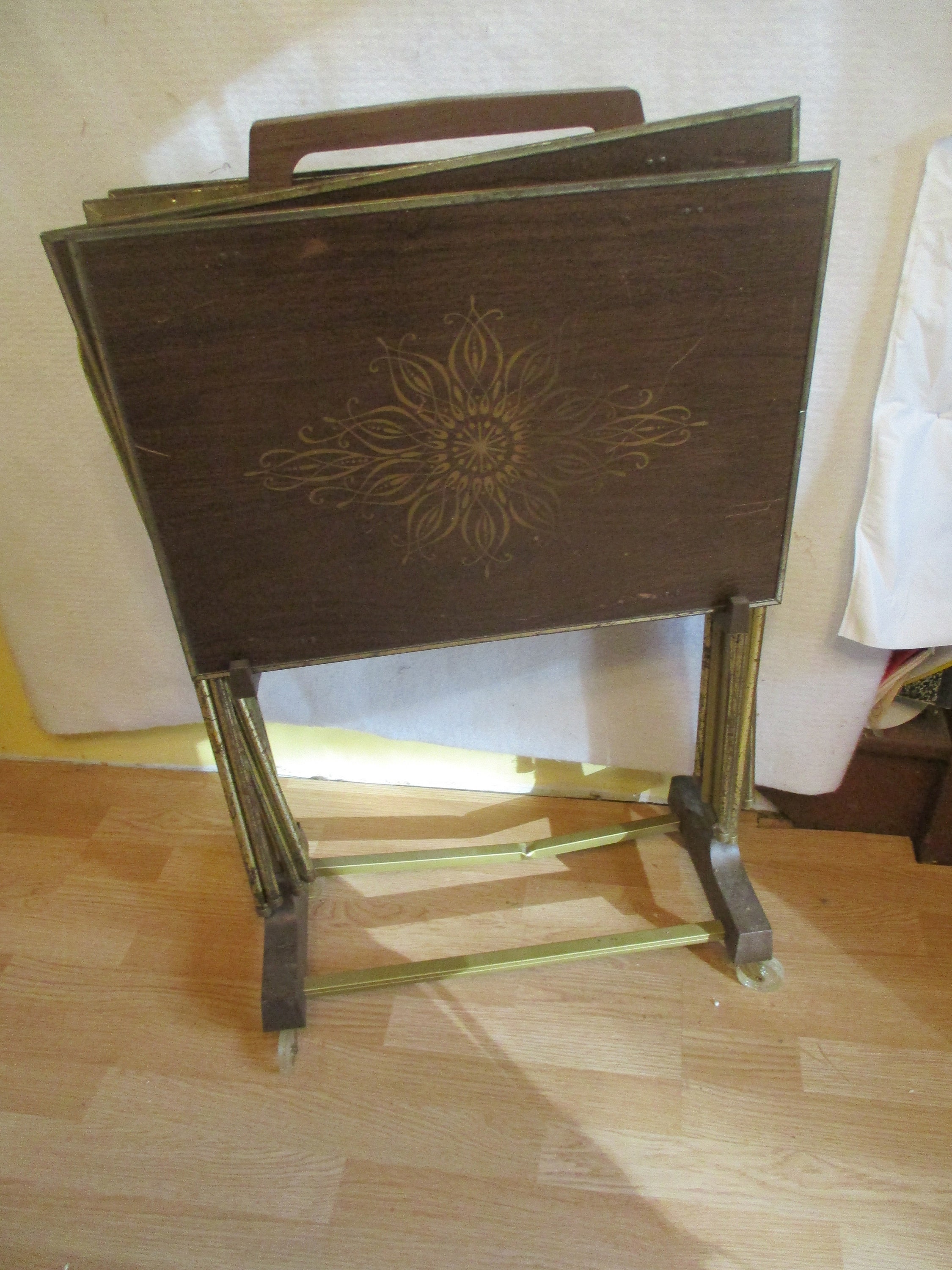 TV Trays in Stand Vintage Folding Mid Century Modern Hard Board