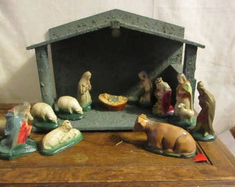 Nativity 13 piece wood stable 40's or 50's  S