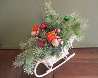 Wicker Sleigh Center Piece Vintage Plastic Holiday decor