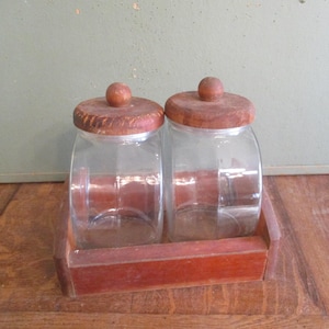 Glass Jar Canister Set Slant Container Apothecary Display Wood Shelf Vintage