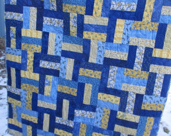 Blue Yellow Throw quilt Lap Handmade in Minnesota #21