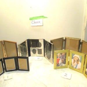 Tri Fold Frame Gold Tone or Brass Picture Black glass Vintage CHOICE
