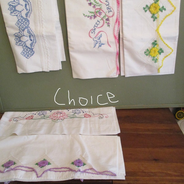 Pillowcase Hand Embroidered or Crocheted Trim  Vintage Pair CHOICE