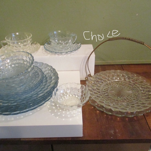 Bubble Glass Clear or Blue Dishes Plates bowls cups saucers Vintage CHOICE