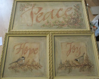 Peace Hope Joy Framed Cream Ornate glass vintage Chickadee