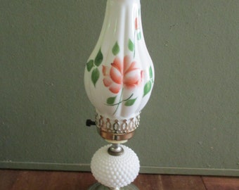 Milk Glass Table Lamp Hobnail Rose Painted Chimney Shade metal Base