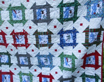 Snowman Throw  Quilt  56 x 68 handmade in USA  Scrappy 111