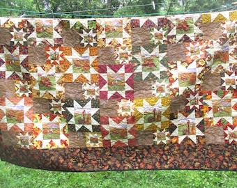 Fall Leaves King Size Quilt Queen Bed Star  92 x 104 Handmade USA #107