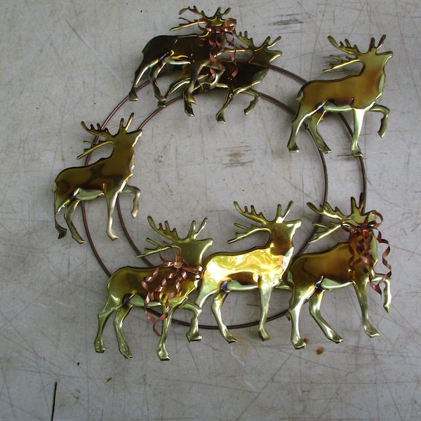 Brass Deer Wreath Holiday Decor   Vintage Wall hanging