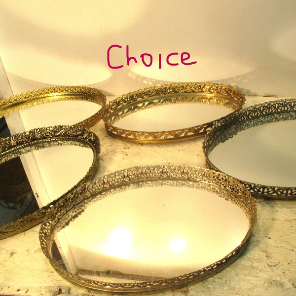 Vanity Mirror Tray Oval Display Gold Filigree Vintage CHOICE one only