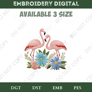 2 Flamingo Flowers Embroidery Design – Tropical Bird Machine Embroidery File with Floral Pattern for Summer & Beach Projects