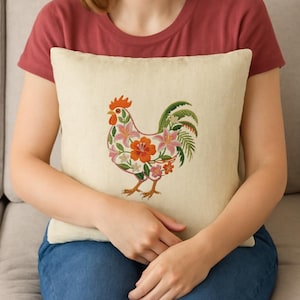 Floral Rooster Embroidery Design – Colorful Rooster with Tropical Flowers for 4x4 Hoop | Digital Embroidery File for Home Decor, Pillows