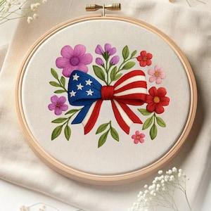 Floral America Embroidery File Coquette Bow Patriotic Stitch Design Fourth of July American Flag Pattern Machine Project for Holiday Gift