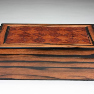 Kalos (Beautiful) Macassar Ebony Jewelry Box: Handmade Mahogany Inlay, Leather Lined