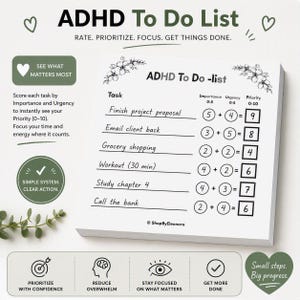 May include: A white ADHD To Do List notepad featuring a task tracking system with columns for Importance, Urgency, and Priority. The page includes floral illustrations, lines for writing tasks, and math equations to calculate priority scores from 0 to 10.