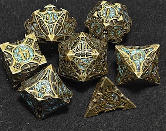 Eldertide Relic Metal Dice Set | Antique Gold Hollow DnD Dice | Handcrafted Filigree Polyhedral Dice with Blue Enamel for DDRPG