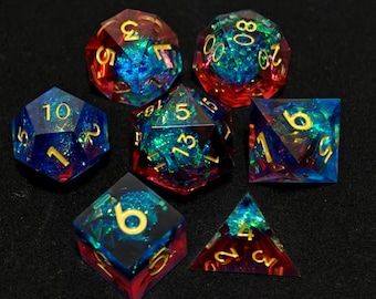 Roodblauwe DND-dobbelstenenset, groene ster scherpe rand D&D dobbelstenen volledige set, Dungeons and Dragons polyhedral RPG D6, D20 dobbelstenen