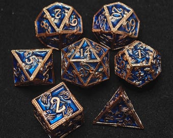 Draconic Forge Metal Dice Set | Blue Enamel Hollow Metal DnD Dice | Dragon-Themed Copper Frame Dice for Dungeons & Dragons RPG