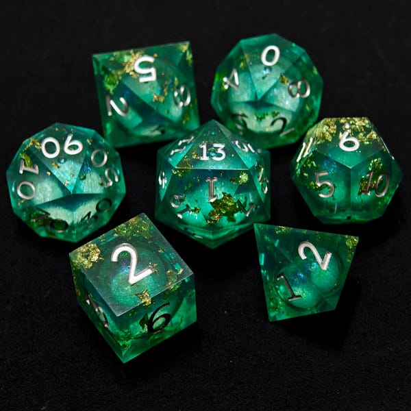 Emerald Grove Dice Set | Green-Gold Sharp Edge DnD Dice | Handcrafted Resin Polyhedral Dice with Silver Numbers for Dungeons & Dragons RPG