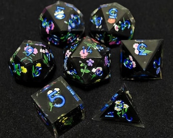 Midnight Bloom Dice Set | Black Floral Sharp Edge DnD Dice | Handcrafted Resin Polyhedral Dice with Blue Numbers for Dungeons & Dragons RPG