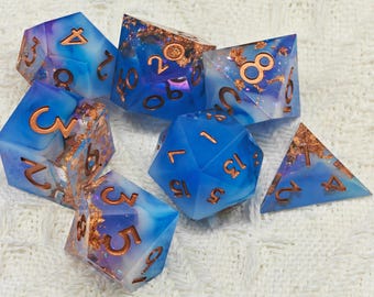 Blue Gold Foil Handmade Sharp Edge Dice, Resin Polyhedral RPG Dice Set, DND Dice Set, TTRPG Dungeons and Dragons, Würfel DnD Gifts