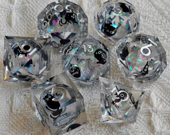 Black and White Cat Liquid Core Dice Set | Handmade Sharp Edge Resin Dice for DnD, TTRPG, RPG, Purple dice, DND dice set, Dnd Gift