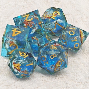 Blue Fish Liquid Core Dice Set - Handmade Sharp Edge Resin Dice for DnD, TTRPG, RPG, Dungeons and Dragons, Easter Gift, DND Dice