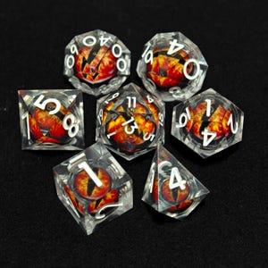 Red Dragon&#39;s Eye Dice, Liquid Core Resin Dice, Handmade Liquid Core DnD Dice, Polyhedral Dice, DnD Dice Set, Sharp Edge Dice Set